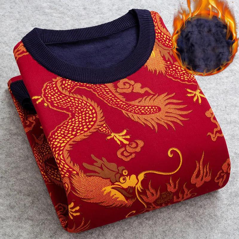 WTEMPO Thermal Pullover Cashmere Padded Shirt Dragon Print Shirt Winter Soft and Comfortable Pullover for Men
