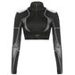 Goth Dark Techwear Grunge Black Buckle Patchwork T-shirts Women Punk Sexy Open Shoulder Skinny Cropped Tops Hip Hop Streetwear