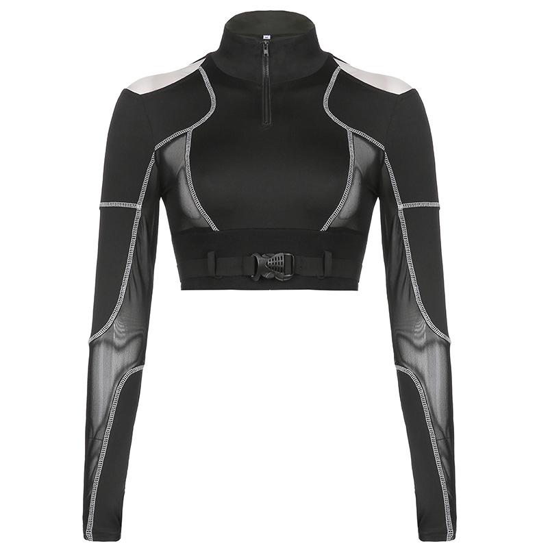 Goth Dark Techwear Grunge Black Buckle Patchwork T-shirts Women Punk Sexy Open Shoulder Skinny Cropped Tops Hip Hop Streetwear