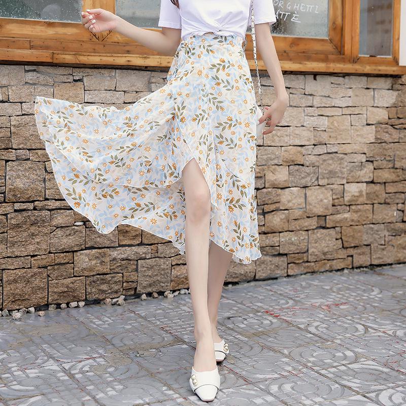 Bohemia Beach Skirt Women Spring Summer Chiffon Flower Pattern SkirtMedium Elastic Waist Skirt
