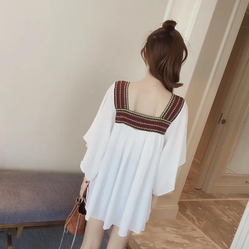 Ethnic Style Chiffon Dress Women Loose and Thin Bat Sleeves Large Size Square Neckline above knee Solid Color