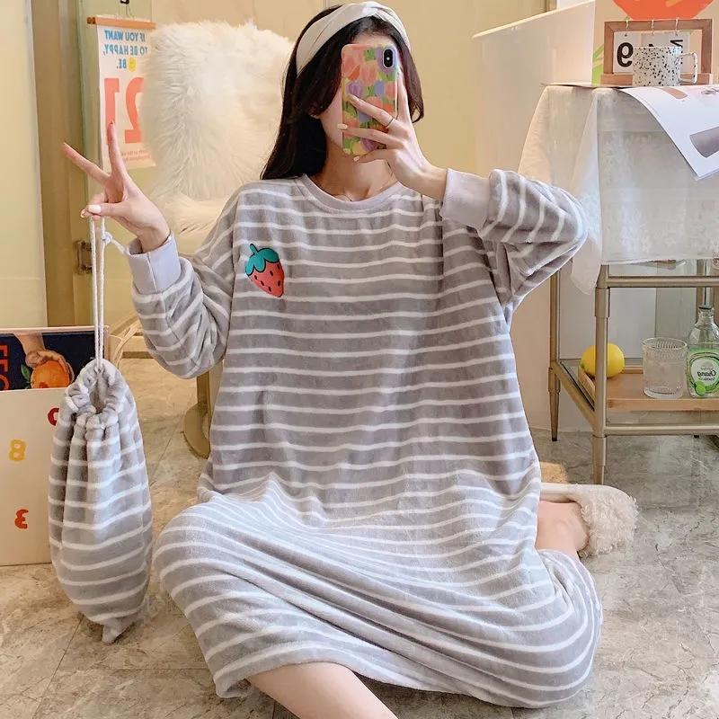 Large Size Women's Winter Warm Coral Fleece Stripes Nightdress Cute Cartoon Printing Pyjama Plus Fat Oversize Long-sleeves Pajamas Flannel Home Wear