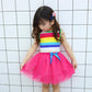 Girls Kids Rainbow Striped Tutu Dress Princess Sleeveless Mesh Dresses Summer Casual