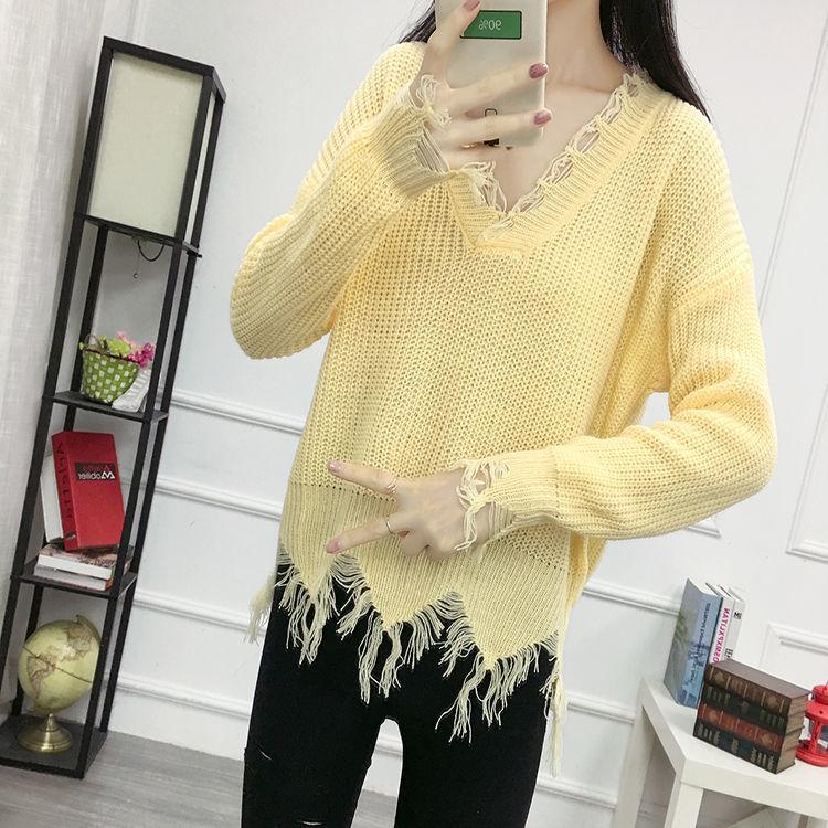 Women Fringed Zigzag Hem V Neck Sweater Drop Shoulder Ripped Pullovers Streetwear Loose Tops