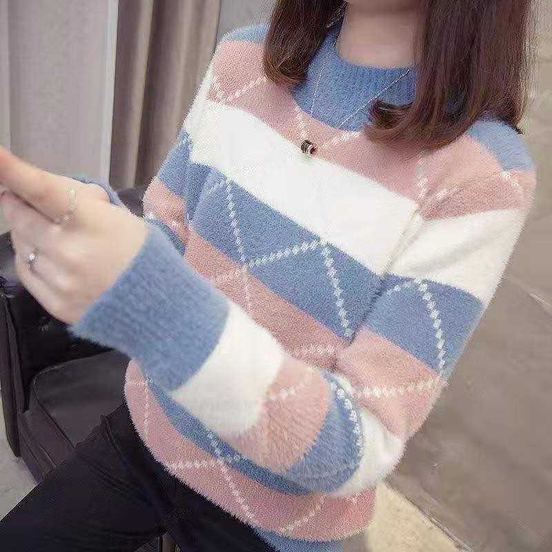 Non-shedding Semi-turtleneck Sweater To Keep Warm and Color Matching Mink Fleece Long-sleeved Knitted Bottoming Shirt