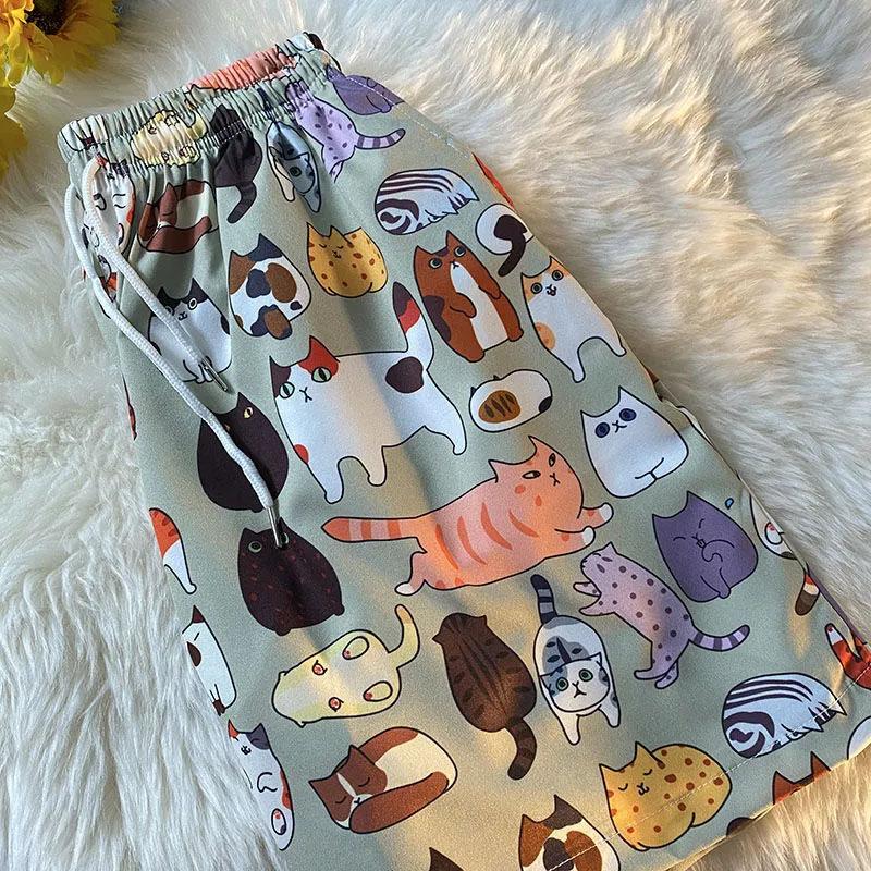 Men's Shorts Summer Casual Cat Print Loose Thin Section Couples Seaside Vacation Beach Pants Versatile Comfortable Breathable Five-point Pants