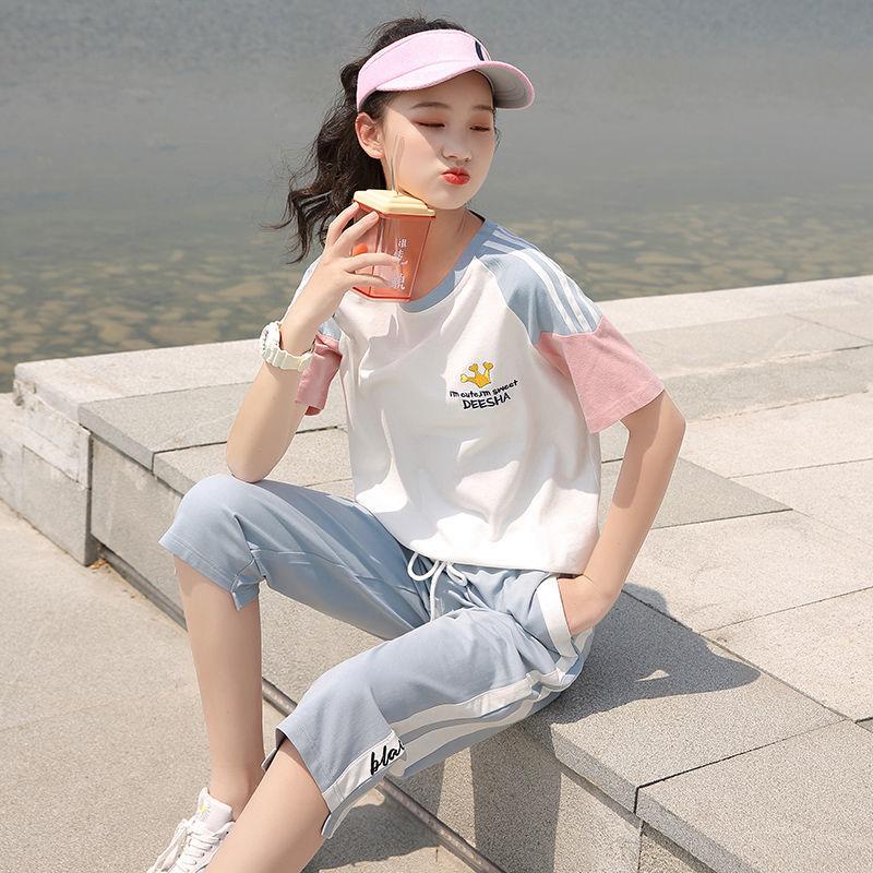 Sports Suit Women's Short-sleeved Cute T-shirt Summer Casual Loose Sports Pants Fabric Soft and Light Breathable Home Wear Sports Suit
