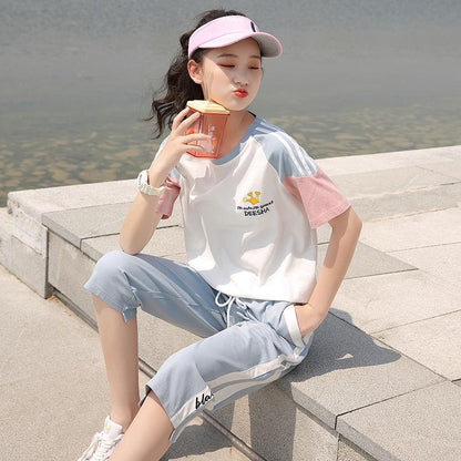 Sports Suit Women's Short-sleeved Cute T-shirt Summer Casual Loose Sports Pants Fabric Soft and Light Breathable Home Wear Sports Suit