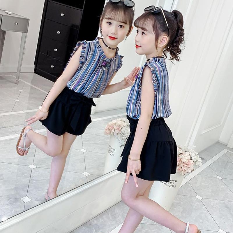 2PCS Children Clothing Set Spring Summer Girls Suits Printing Sleeveless Stripe Tops + Pants Clothing Set
