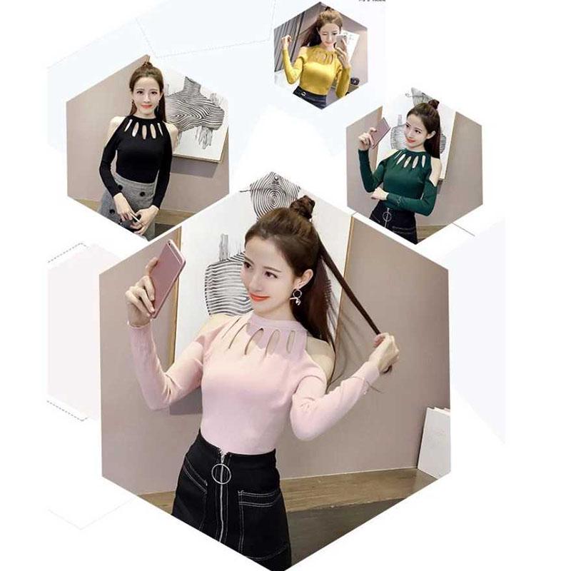 Pofulove Women Knitted Pullovers Sexy Off Shoulder Sweater  Long Sleeve Knitted O-neck Female Jumper