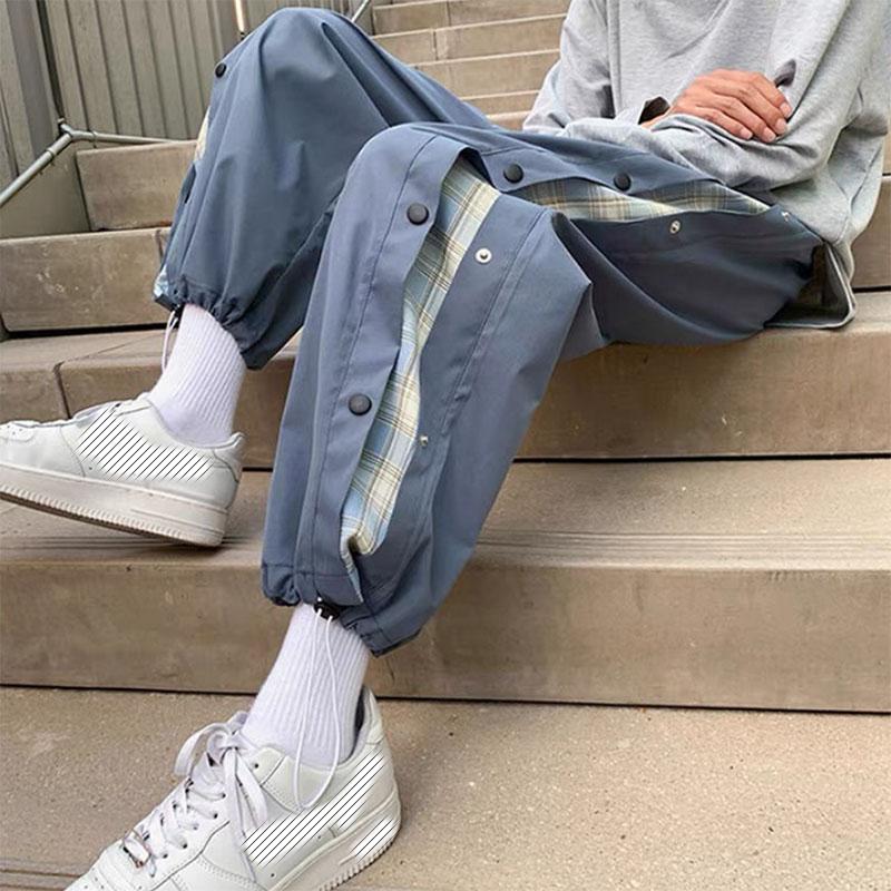 Plaid Contrast Color Breasted Pants Men's Summer Thin Loose Sports Pants Ins Trendy Fat Man Large Size Casual Pants