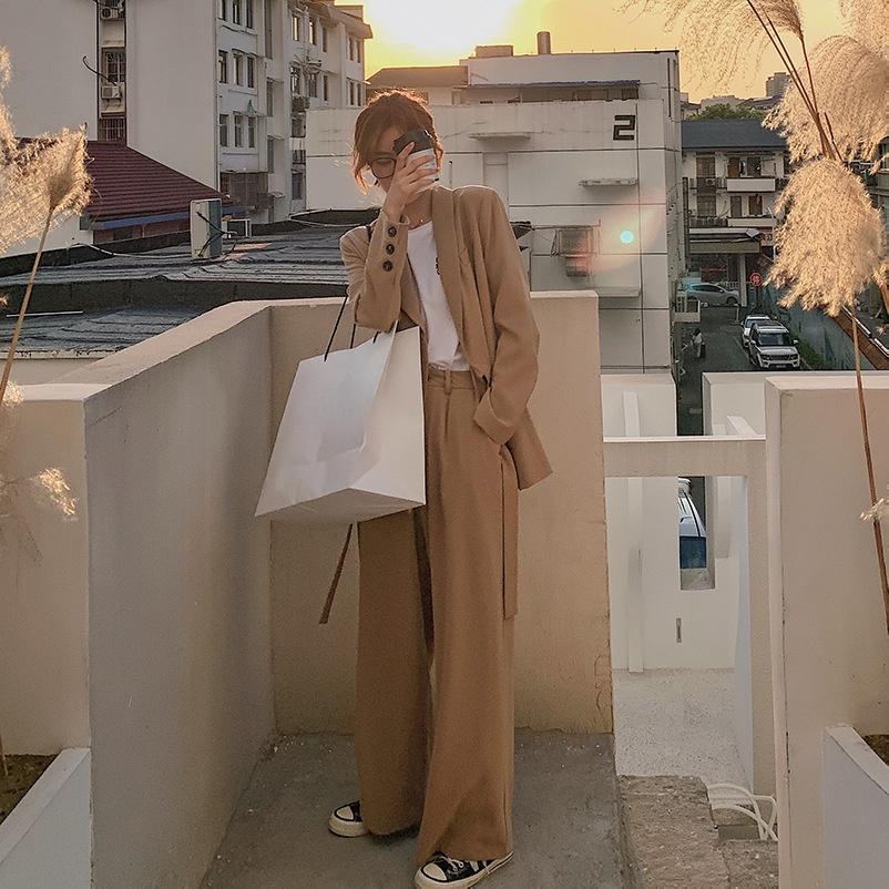 Women Suit Tie Button Waist Blazer and Wide Leg Trousers 2 Piece Set | Korean Fashion Top and Bottom Set Women Suits Jacket Pants Chic Style
