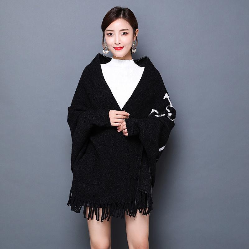 Women's Shawl with Sleeves Autumn and Winter Knitting Waterproof Mink Fleece Slim Slimming Outer Thick Plaid High-end Cloak Temperament Wrap