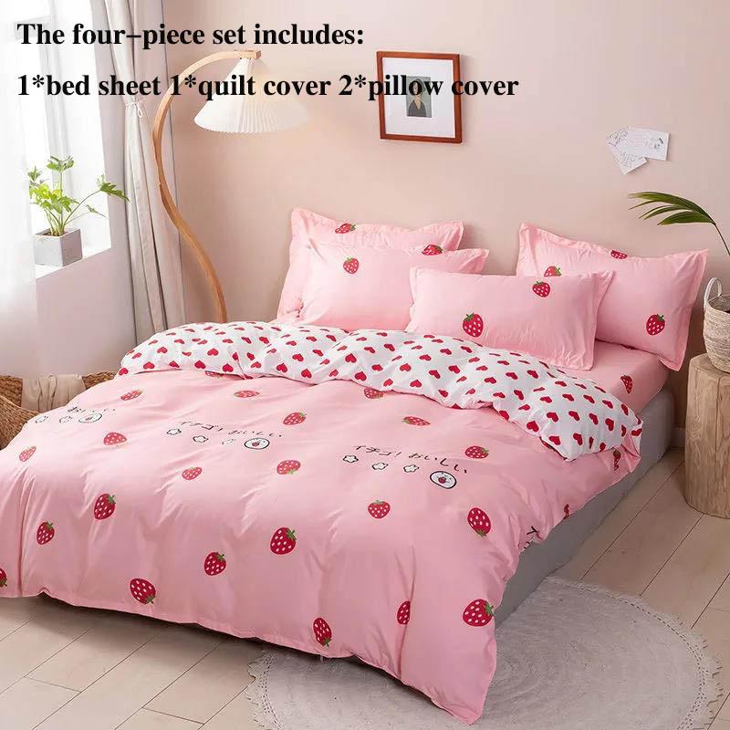 Bed Sheet Four-piece Bed Cover Non-slip Duvet Cover Bed Sheet Pillowcase Set 1.5 M 1.8 M Bed Home Pink Strawberry