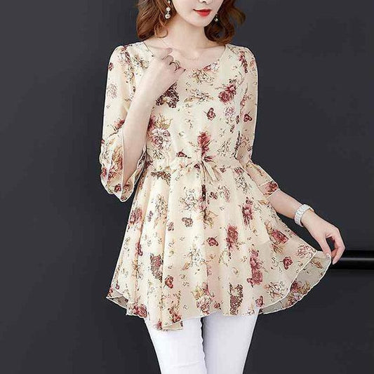 M-5XL Women's Spring and Summer Large Size Ice Silk Tops Female Half Sleeve Floral Printed Shirts