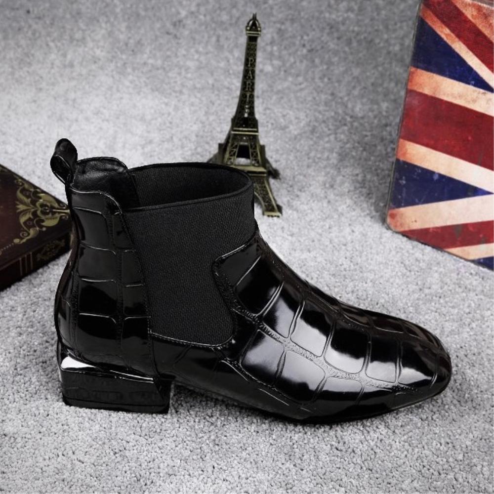 Women Boots Shiny PU Leather Autumn Winter Shoes Woman Spuare Toe Block Heels