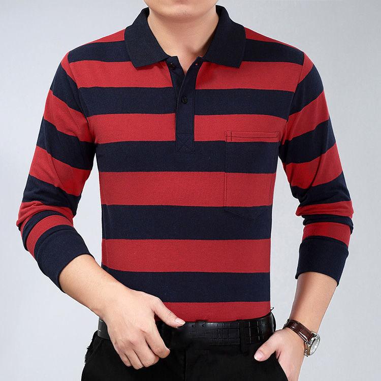 Autumn Long-sleeved POLO Shirt Lapel Pocket T-shirt Business Plus Size Striped Bottoming Shirt Suitable for Business Men, Middle-aged and Elderly Men