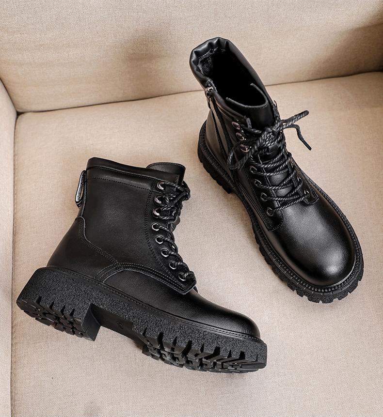 Leather Boots Women Winter Shoes Black Ankle Booties Platform Shoes Fashion Fall Shoes Flat Warm Fur Boots