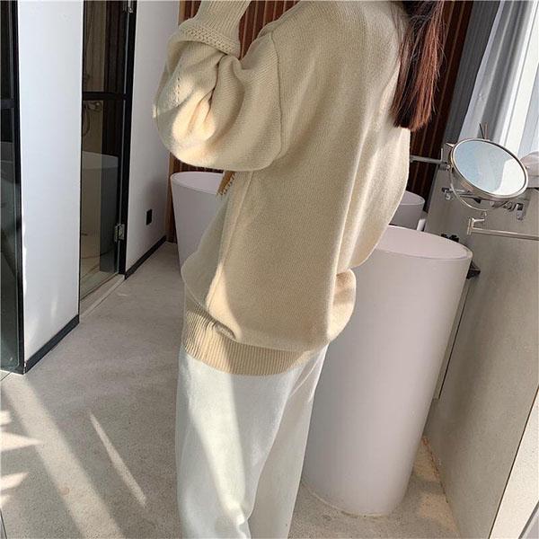 Autumn and Winter College Style Knit Round Neck Long Sleeve Students Loose and Thin Mid-length Coat Sweater Women