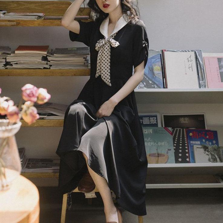 Female Plus Size Elegant Vacation Dress Summer Vintage High Waist Slim Bow Holiday Long Dress