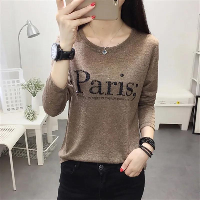 Women Slim T-shirts Paris Print Shirts Casual Pullover Spring Long Sleeves  Bottoming Shirts