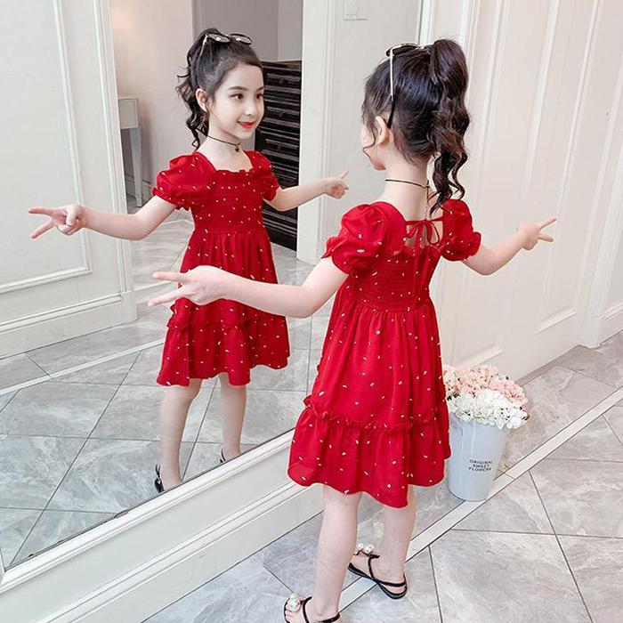 Kids Girls Sweet Summer Polka Sundress French Stylish A-Line Pleated Ruffle Short Sleeve Dress for Party Birthday Gift