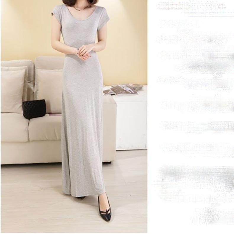 Fashion Long Maxi Dress Cotton Short Sleeve Crew Neck Elastic Backless Summer Dress Party Dress
