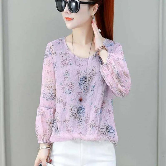 Women's Spring and Autumn Long-sleeved Chiffon Shirt Large Size Loose Floral Round Neck Top
