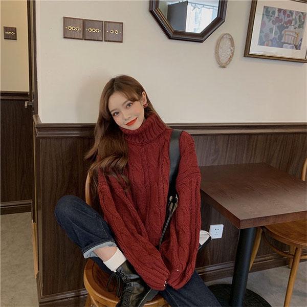 Lazy Style Loose Turtleneck Sweater Female Students Solid Color All-match Hedging Twist Knit