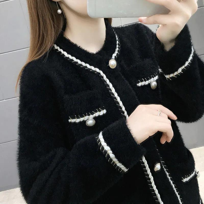 Xiaoxiangfeng Imitation Mink Velvet Thickened Short Coat Women's Spring and Autumn Long-sleeved Round Neck Knitted Cardigan Woolen Top