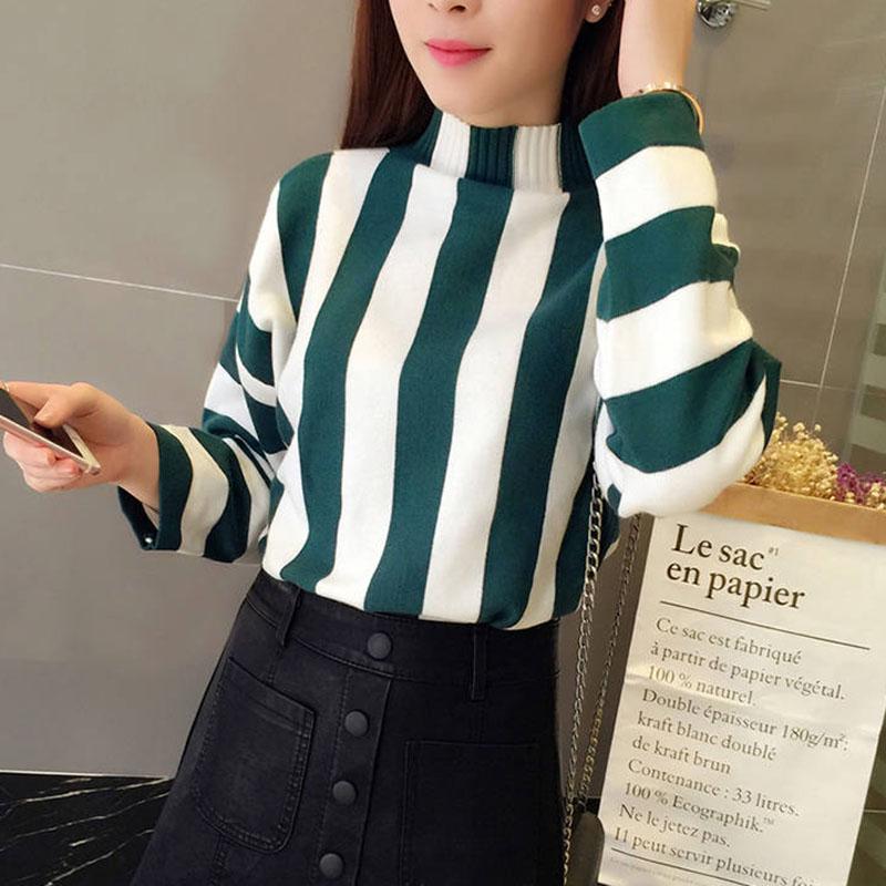Rainbow Stripe Sweater Contrast Knitted Pullover Long Sleeve Turtleneck Knitwear Slim Women Jumper