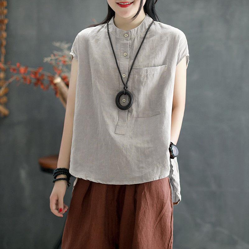 Summer Solid Color Loose Large Size Sleeveless Stand Collar T-Shirt Top Pullover Shirt