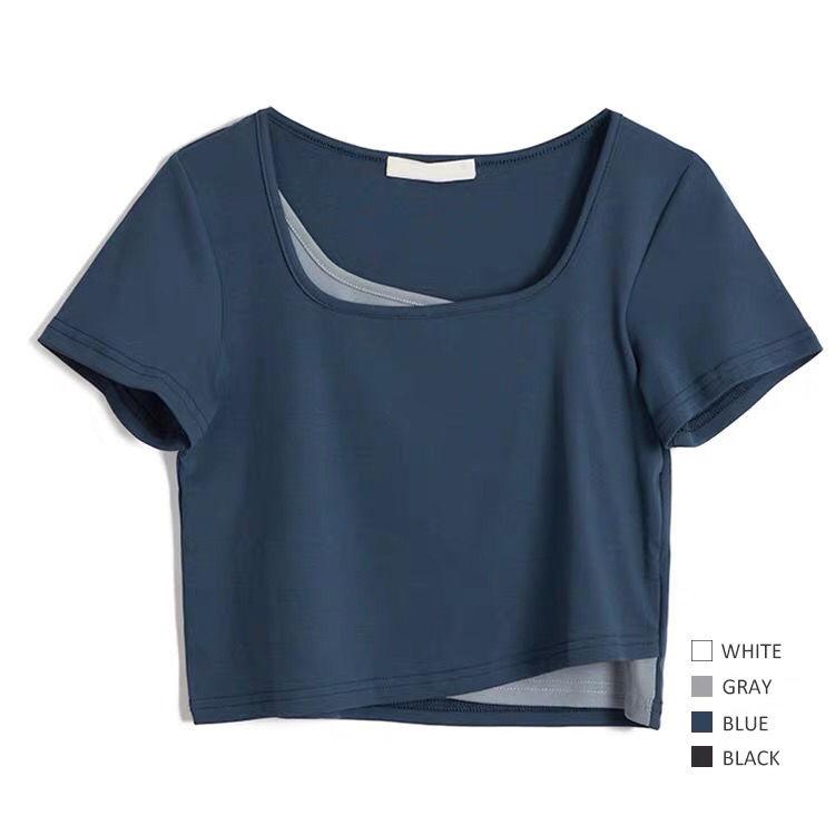Spring Summer Women's Solid Color Short-sleeved Tops Fake Two-piece Stitching Short T-Shirts Are Thin Exposed
