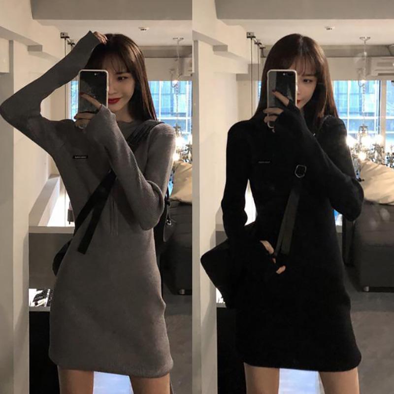 Women's Knitted Dress Spring and Autumn Zipper Long Sleeve Waist Slimming Skirt Hip Skirt Pure Color Cotton Soft and Comfortable