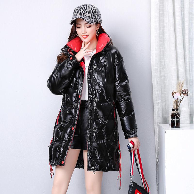 Shiny Winter Jacket Women Mid-length Stand-up Collar Thick Warm Loose  Padded Jacket Windproof Drawstring Ladies Coats