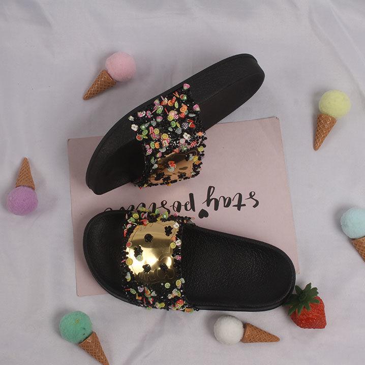 Girls Slippers In Summer Soft Sole Flat Anti-slip Sequins Slippers Household Shower Casual Little Cat Slippers