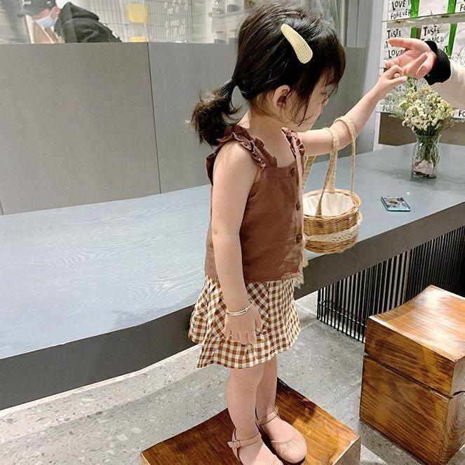 Kids Baby Girl Clothes Set Tops Solid Sleeveless Shirt Crop Plaid A-Line Skirt Summer Casual Outfit Sets Girls 0-2Y
