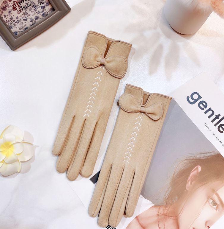 Suede Gloves Female Touch Screen Winter Windproof Cold Warm Plus Velvet Korean Version Cute Bow Gloves