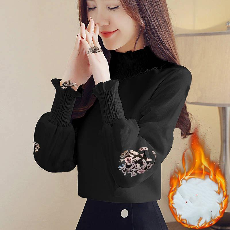 Pofulove Wild High Collar Long Sleeve Shirt Women Plus Velvet Embroidered Shirt Women Loose