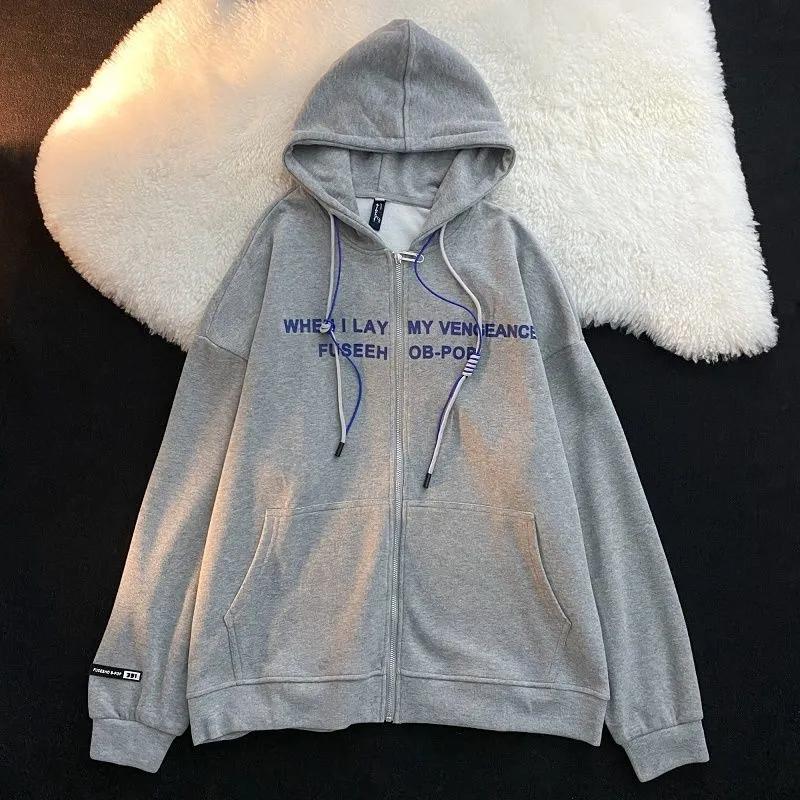 Women's Autumn and Winter Fleece Thickened Hooded Sweater Student Loose and Lazy Style Zipper Jacket Ins Casual Printed Jacket Fashion Cardigan