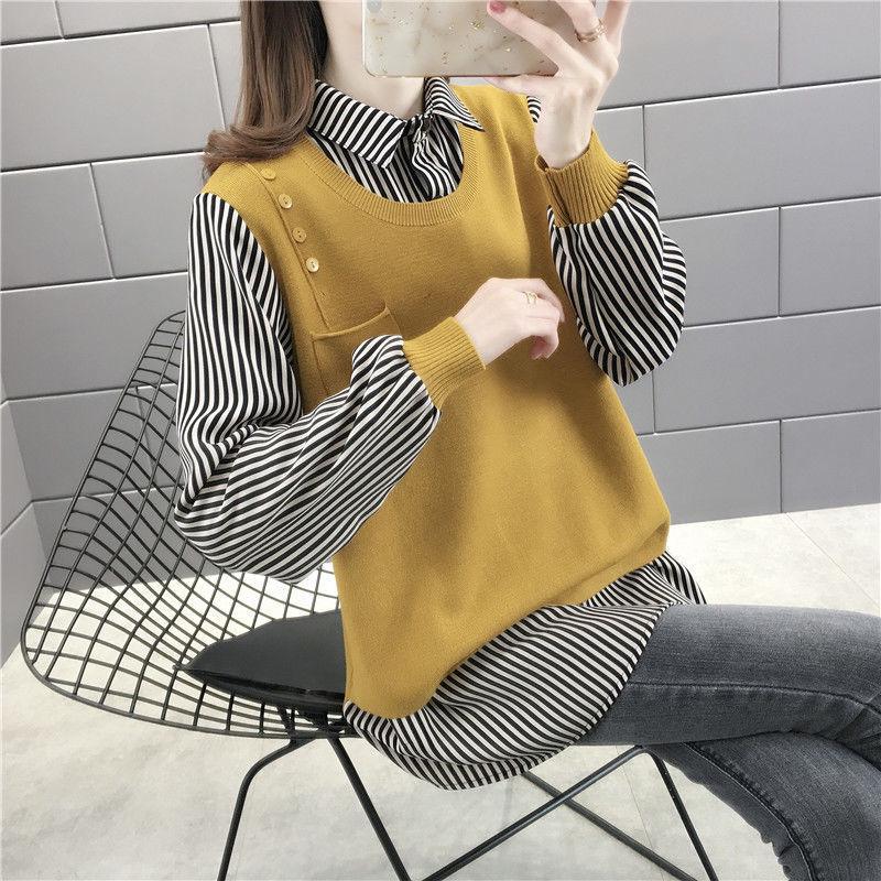 Autumn and Winter Shirt Collar Fake Two-piece Sweater Women All-match Bottoming Knitwear Top