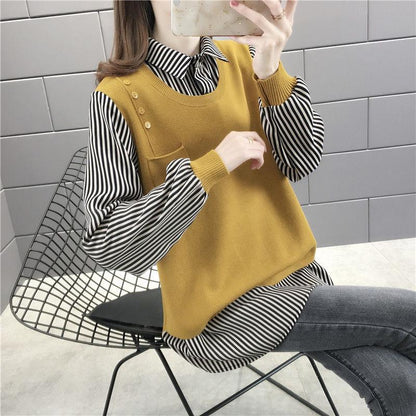 Autumn and Winter Shirt Collar Fake Two-piece Sweater Women All-match Bottoming Knitwear Top
