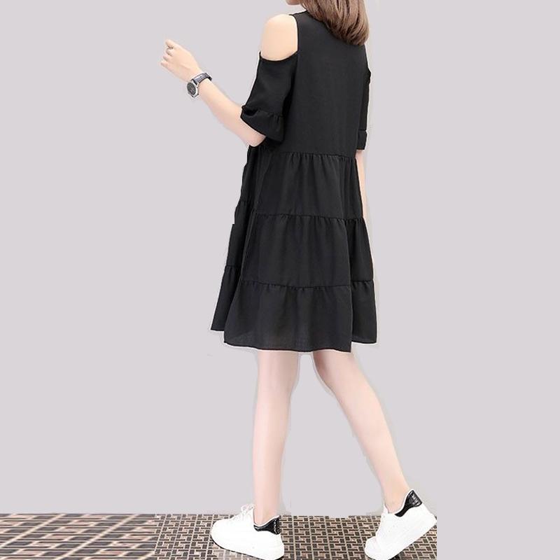 Women's Mid-length Loose Off-shoulder Round Neck Short-sleeved Dress Loose Simple Style Fabric Light and Breathable Comfortable Loose Dress