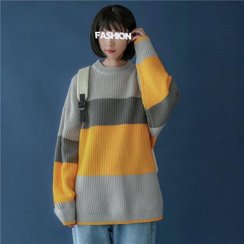 Pofulove Autumn Winter Thick Sweater Women Fashion Loose Outer Pullover Jacket Knitting Blue Yellow