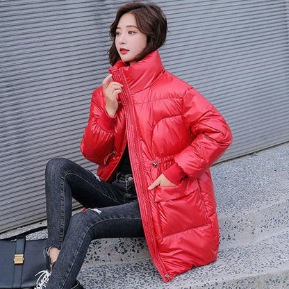 Women's Winter Coats Fashion Glossy Stand Collar Parkas Waterproof Shiny Winter Jacket Women Drawstring Padded Cotton Coat Outwear