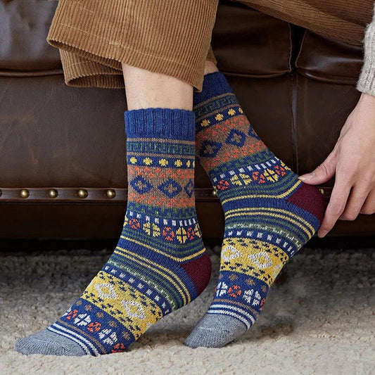 5 Pairs Retro Flower Socks Autumn Winter Ethnic Style Cotton Stockings Thick Thermal Line Diamond Knitted Warm Warm Socks Mid Tube Socks