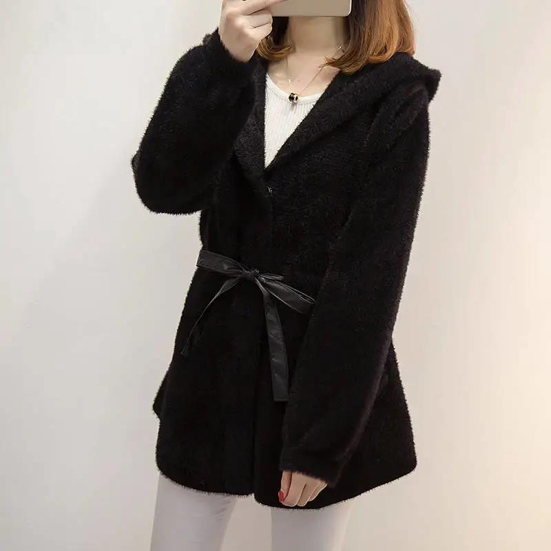 Autumn and Winter, Women's Casual Hooded Waist, Water Velvet Cardigan Net Red Knit Jacket Loose