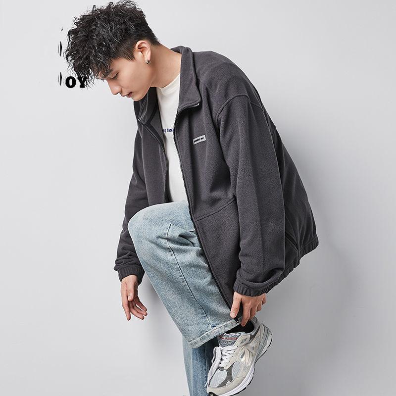 Polar Fleece Jacket Men's Lapel Versatile Cardigan Fleece Sweater Men's Warm Short Long Sleeve Zipper Jacket Comfortable and Breathable