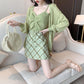 Small Fresh Women's Suit Skirt Summer Fashion New Avocado Green Cardigan Drawstring Suspender Vest Lattice Skirt