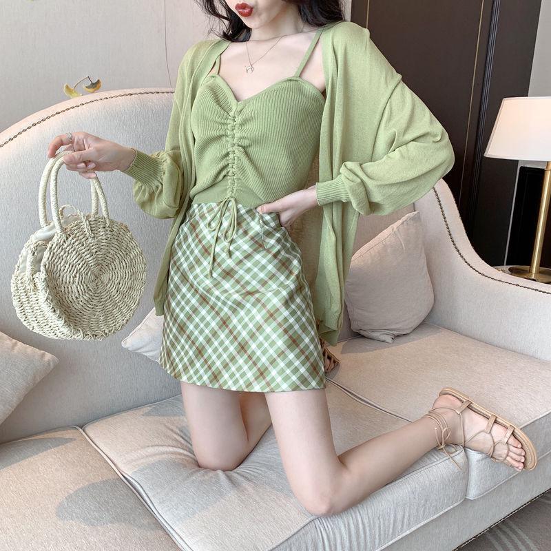 Small Fresh Women's Suit Skirt Summer Fashion New Avocado Green Cardigan Drawstring Suspender Vest Lattice Skirt